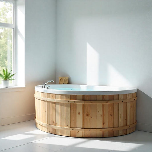 Round Wooden Cold Plunge Tub with White Acrylic Interior